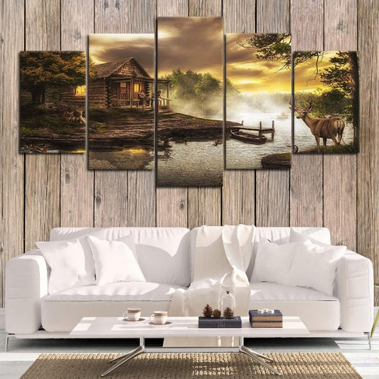 Cozy lodge scene with cabin, dock, and misty water — landscape canvas print for above-the-sofa placement