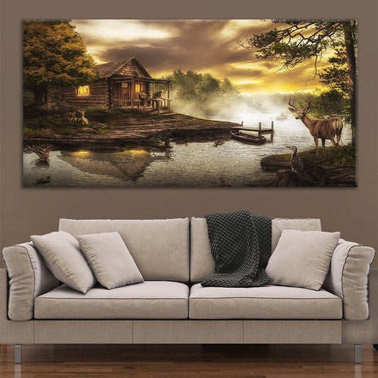 Rustic log cabin by a river at sunset — large landscape canvas wall art for the living room, ready to hang