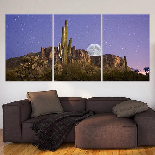 Superstition Mountains sunset with rising moon — large canvas wall art ideal for creating an inspiring focal point in any modern room