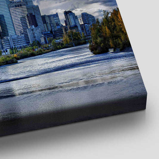 Downtown Calgary cityscape — modern canvas wall art with skyline view and soft cool palette, perfect for stylish urban décor.