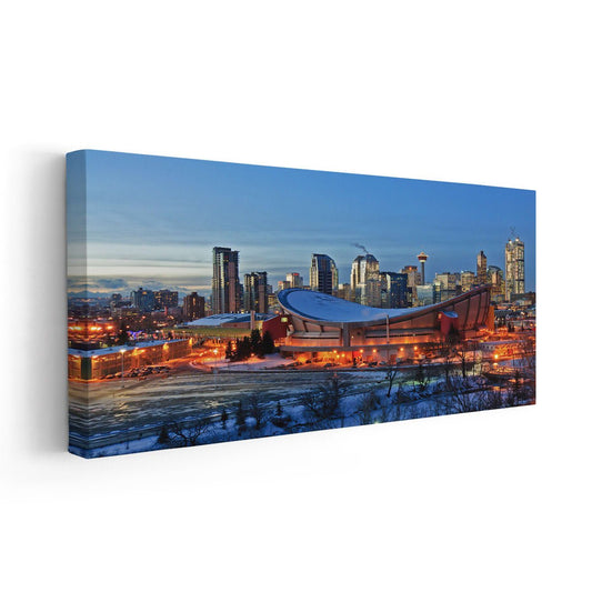 Downtown Calgary skyline — modern canvas wall art with glowing orange reflections, perfect for stylish home or contemporary office.
