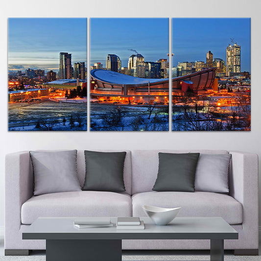 Calgary skyline at night — large canvas wall art for living room, vibrant city lights with deep blue sky create an inspiring décor piece.