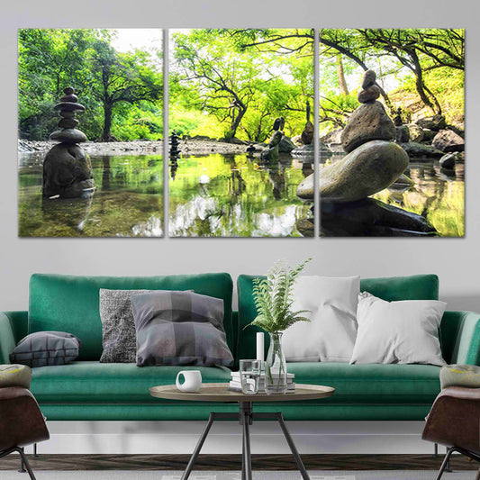 Buddha by lakeside under bright Kyoto greenery, canvas wall art for a peaceful living room that adds calming meditation energy to your decor.