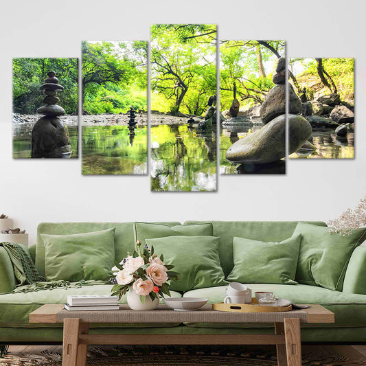 Zen Buddha statue surrounded by lush trees — large canvas wall art ideal for bedroom decor, creating a soothing and reflective atmosphere.