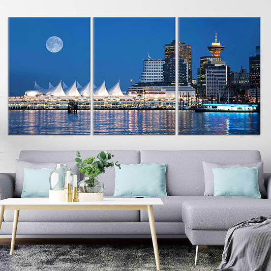 Canada Place Vancouver skyline — large canvas wall art for living room, moonlit harbor reflection creates a calming coastal décor.