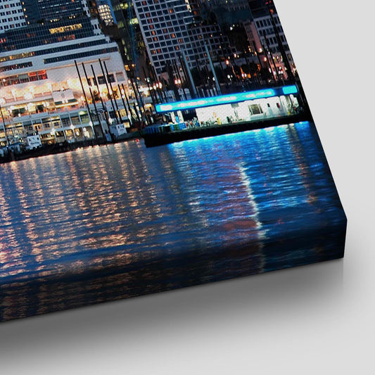 Vancouver waterfront skyline — modern canvas wall art with glowing city lights and blue palette, ideal for bedroom or office.