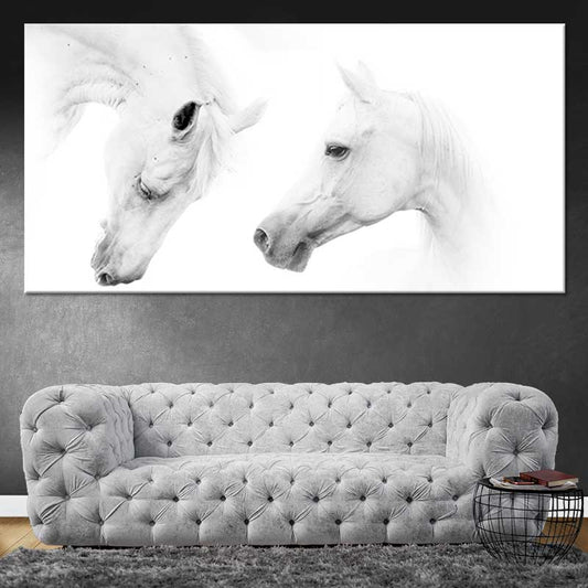 White horse couple — large canvas wall art for living room, symbolizing peace and grace in minimalist modern home decor.