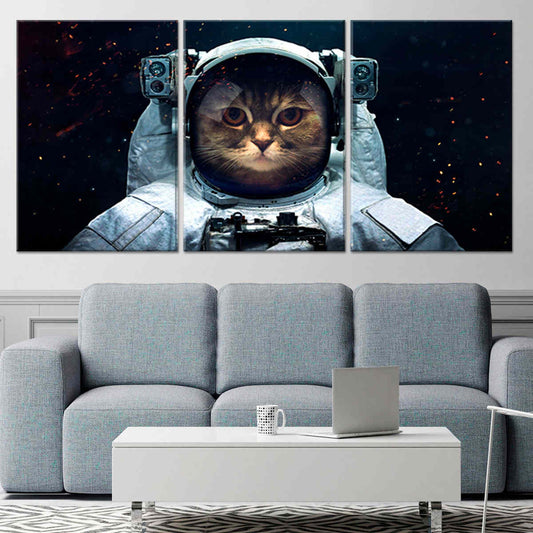 Cat astronaut in space — modern canvas wall art for living room, creative galaxy scene adding futuristic style and cosmic inspiration.