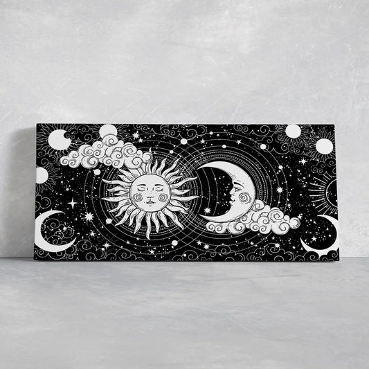 Celestial sun and moon tapestry canvas wall art for living room decor, intricate black and white lines create a peaceful cosmic mood