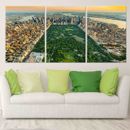 Central Park aerial view — modern canvas wall art for living room, vibrant green tones creating uplifting urban serenity.