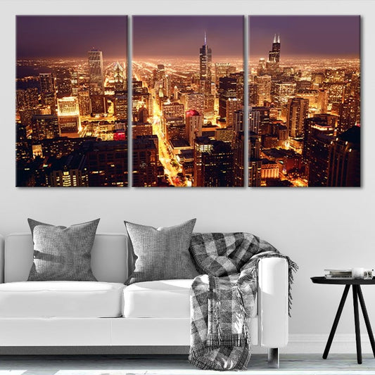 Chicago skyline at night — modern canvas wall art for living room featuring glowing city lights and inspiring evening reflections.