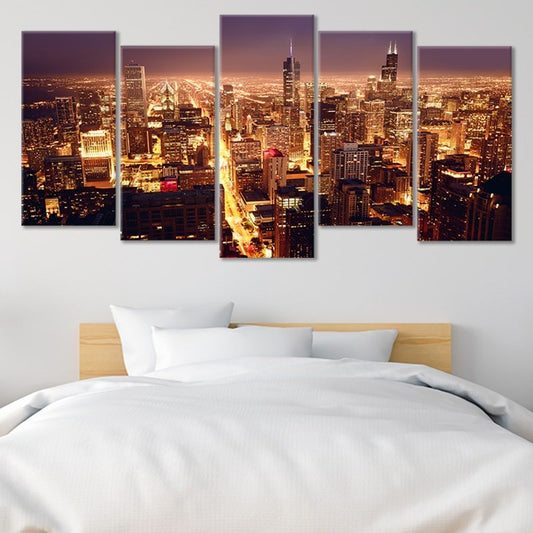 Downtown Chicago cityscape — large canvas wall art for bedroom showcasing elegant golden tones and uplifting nighttime style.