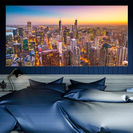 Downtown Chicago skyline — large canvas wall art for bedroom highlighting golden-hour hues and uplifting contemporary elegance.