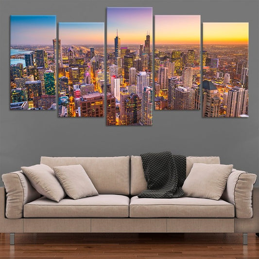 Chicago skyline at sunset — modern canvas wall art for living room featuring warm city tones and inspiring evening reflections.