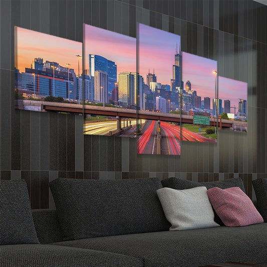 Downtown Chicago view — large canvas wall art for bedroom featuring inspiring city lights and a peaceful evening ambiance.