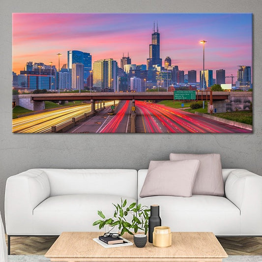 Chicago skyline at sunset — modern canvas wall art for living room with pink and golden tones creating uplifting city elegance.
