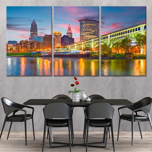 Cleveland skyline at night — modern canvas wall art for living room with inspiring city reflections and warm evening colors.