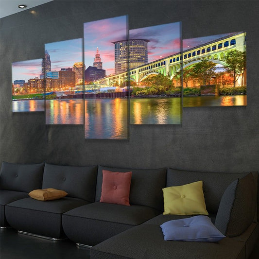 Downtown Cleveland cityscape — large canvas wall art for bedroom showcasing uplifting tones and sleek urban modern aesthetic.