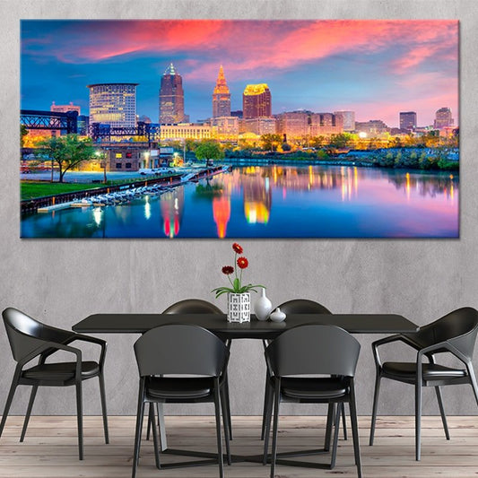 Cleveland skyline at sunset — modern canvas wall art for living room featuring vibrant pink and blue tones for uplifting décor.