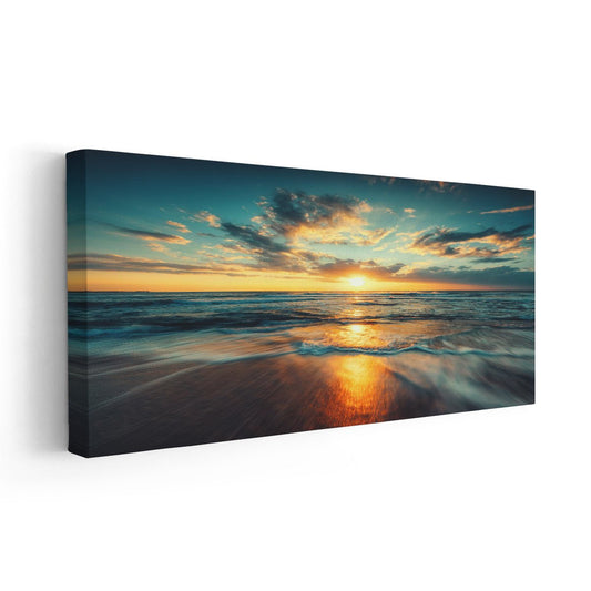 Golden sunrise over calm ocean — coastal canvas print for bedroom or living room decor, inspiring peace and coastal warmth