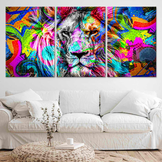 Vibrant abstract lion portrait — modern canvas wall art, bold and inspiring centerpiece for stylish living room or office décor.