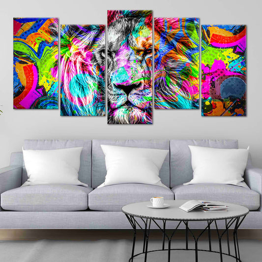 Colorful lion head artwork — large canvas wall art, uplifting design perfect for wildlife lovers and modern home interiors.