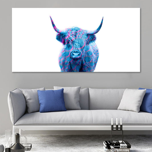 Blue Highland Cow — modern canvas wall art for living room, vibrant animal portrait adding bold color and charm to rustic interiors.