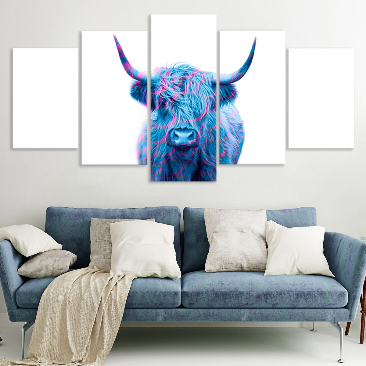 Blue Highland Cow Canvas Wall Art Set