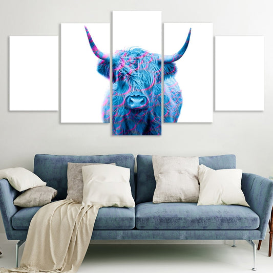 Abstract Highland Cow — large canvas wall art with blue tones, perfect centerpiece for farmhouse décor or cozy contemporary rooms.