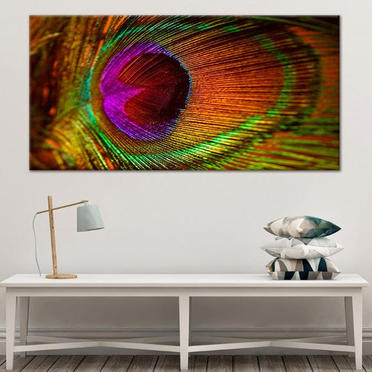 Vibrant peacock feather detail — modern canvas wall art with emerald, gold, and violet tones, perfect for elegant living rooms.