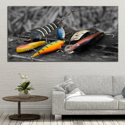 Colorful fishing lures canvas wall art for living room wall art, vibrant tackle display adding an uplifting modern outdoor vibe