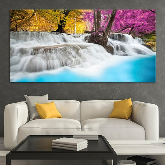 Turquoise cascade with bright autumn trees — contemporary canvas wall art in vivid pink and gold tones for a calming bedroom atmosphere