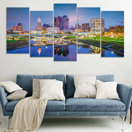 Downtown Columbus Ohio skyline — large canvas wall art in twilight blue and gold tones for stylish bedroom or office decor.