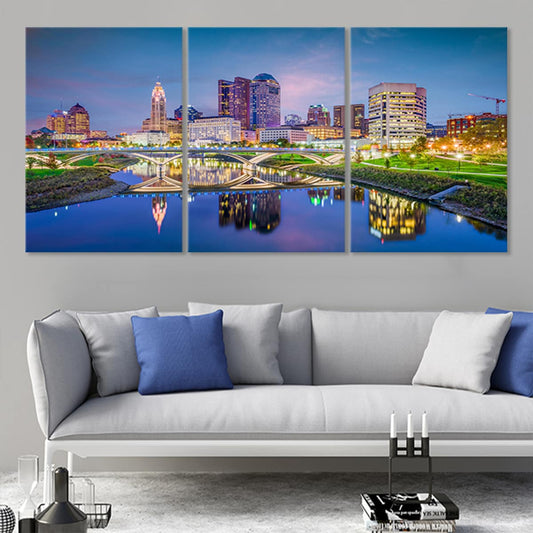 Columbus skyline at night canvas wall art for living room — city lights reflecting on river create a peaceful modern ambiance.