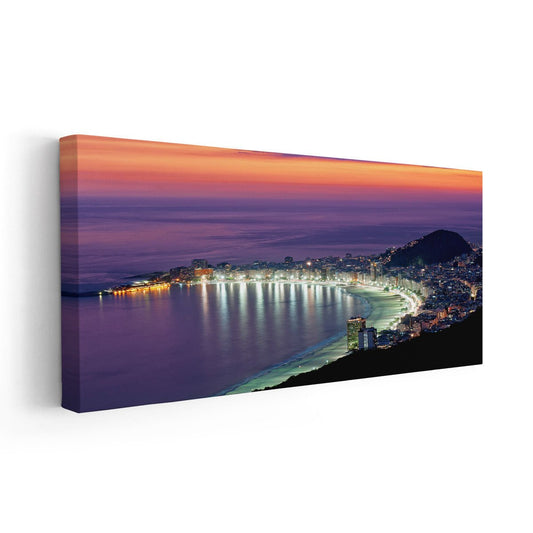 Rio de Janeiro coastline — modern canvas wall art featuring Copacabana Beach at night, elegant bedroom wall accent.