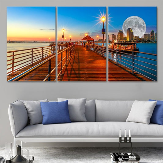 Coronado Pier under full moon — large canvas wall art for living room decor, coastal tones creating a peaceful ambiance