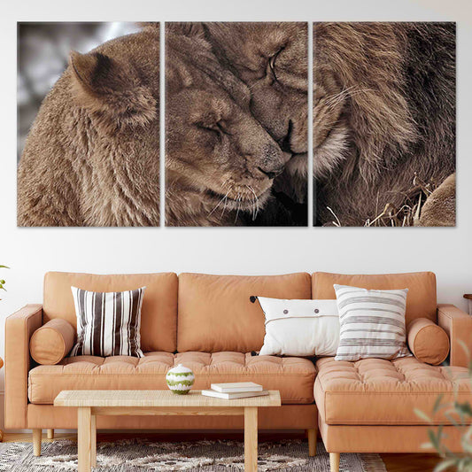 Loving lions canvas wall art for living room décor, bringing warm and calming energy to modern interiors with a soft rustic wildlife theme.