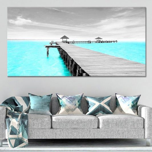 Serene ocean dock — large canvas wall art with turquoise water and gray sky, calming nautical accent for bedroom wall decor