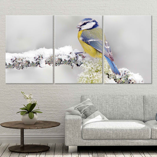 Songbird on branch canvas wall art for living room décor, adding a peaceful soft-gray palette and uplifting charm to modern or minimalist interiors