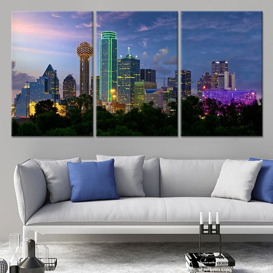Dallas skyline night lights modern canvas wall art for living room — bright city decor with inspiring and luxurious ambiance.
