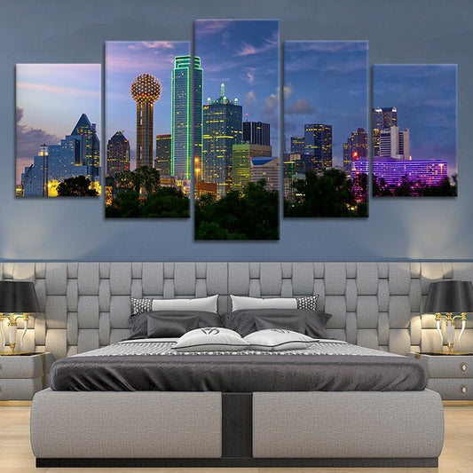 Vibrant Dallas cityscape under twilight — large canvas wall art for bedroom creating a peaceful and contemporary urban mood