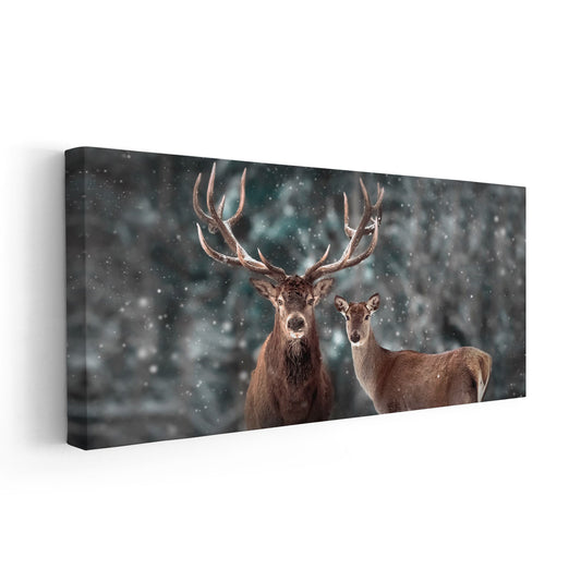 Snowy elk pair in cool gray tones — large canvas wall art perfect for bedroom décor, adding calming winter elegance to cozy modern spaces.
