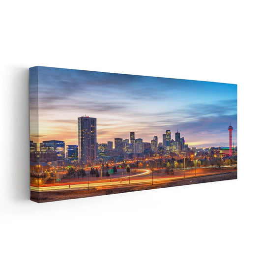 Colorado skyline cityscape — large canvas wall art with mountain backdrop, ideal for bedroom or contemporary home office design.