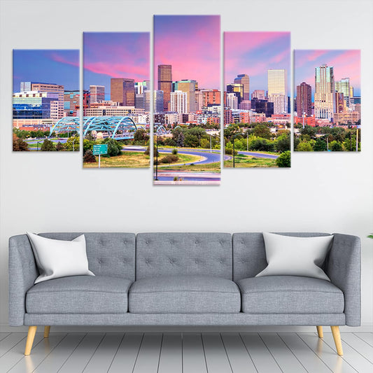 Denver skyline at sunset large canvas wall art for living room adds vibrant mountain charm and uplifting modern city energy.