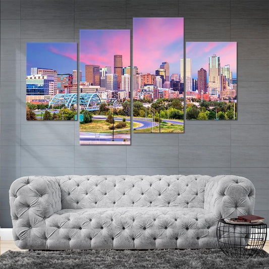 Colorado city skyline in pink sunset tones — modern canvas wall art brings inspiring elegance and contemporary home warmth.