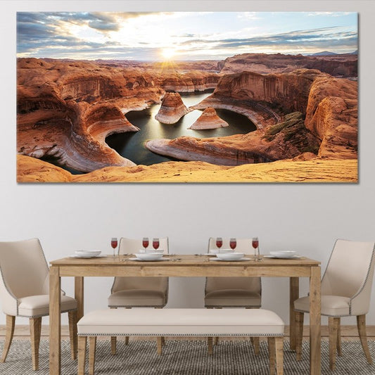 Desert canyon vista glowing in golden light Large canvas art offering a peaceful bedroom mood with rich red rock curves and rustic charm