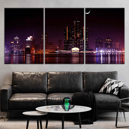 Detroit skyline at night — modern canvas wall art for living room featuring glowing purple tones and inspiring city lights.