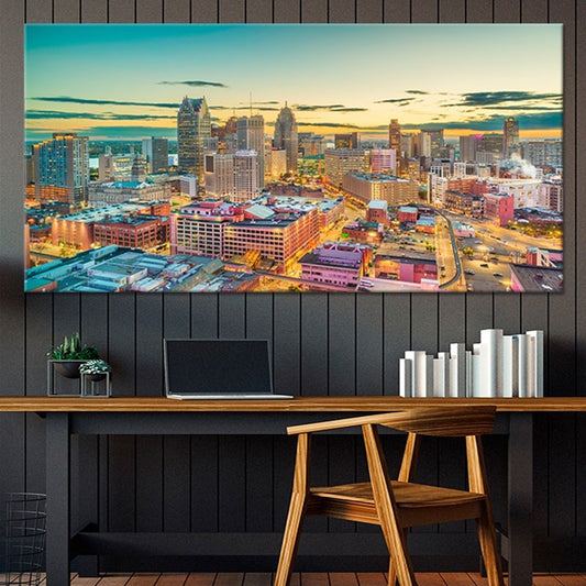 Detroit skyline at sunrise — modern canvas wall art for living room showcasing inspiring warm tones and colorful city architecture.