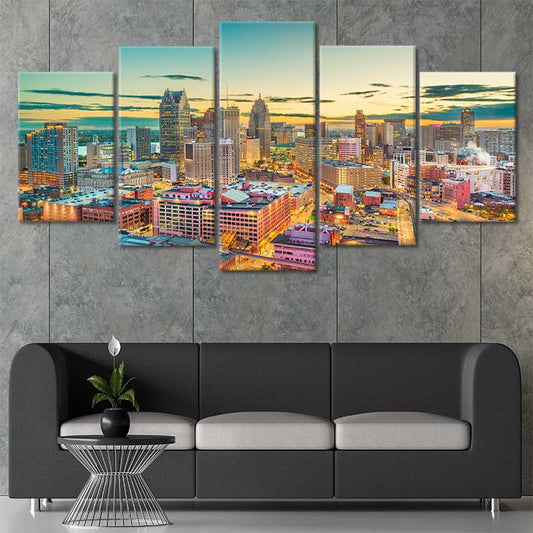 Downtown Detroit cityscape — large canvas wall art for bedroom adding peaceful atmosphere and contemporary urban style appeal.