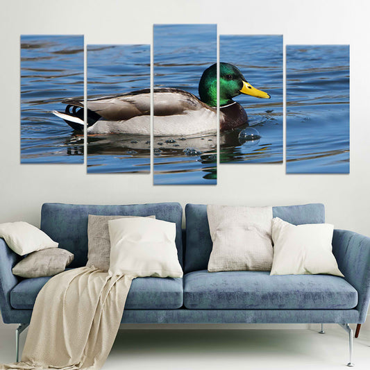 Mallard duck canvas wall art for living room décor, adding a peaceful lake atmosphere and enhancing modern coastal styling with calming blue tones